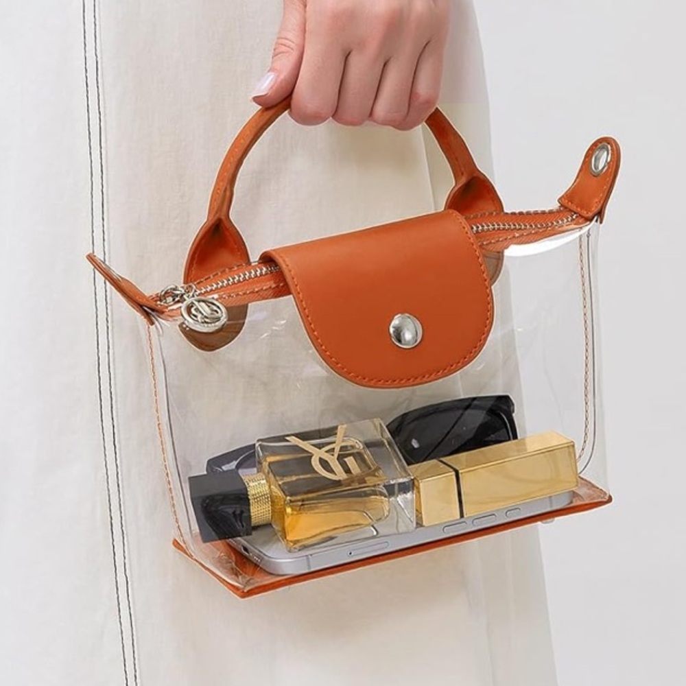 NEW Clear PVC Transparent Two-Way Tote Bag w/ Brown Accents Crossbody Stadium